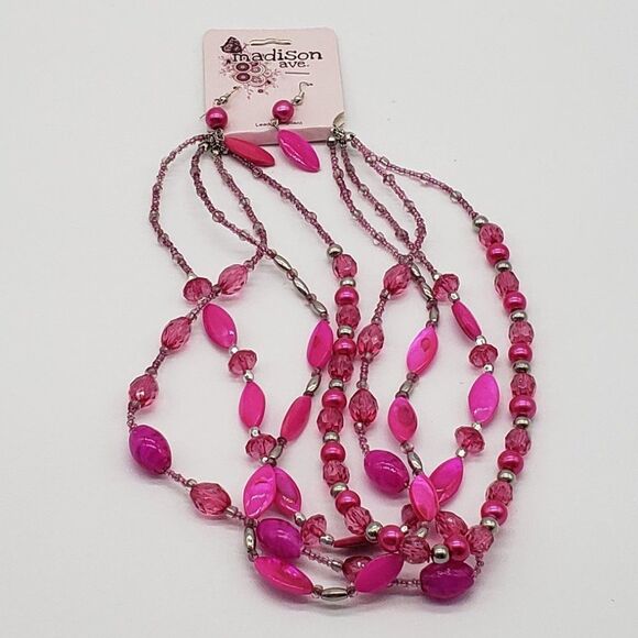 Madison Avenue 4 Strand Fuchsia Pink Glass Faux Beaded Necklace & Earring Set - Picture 6 of 9